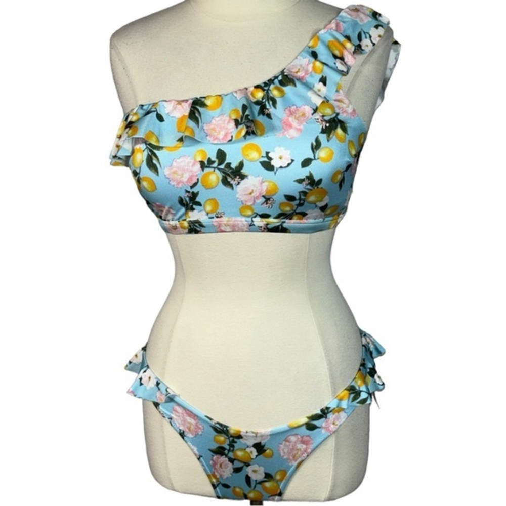 Victoria's Secret Swim Lemon Blossom Blue Floral One-Shoulder Ruffle Bikini Set